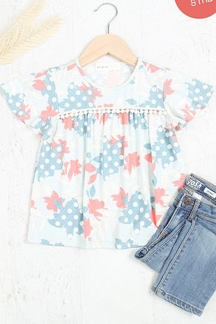 KIDS RAFFLE SLEEVE POMPOM DETAIL FLORAL TOP