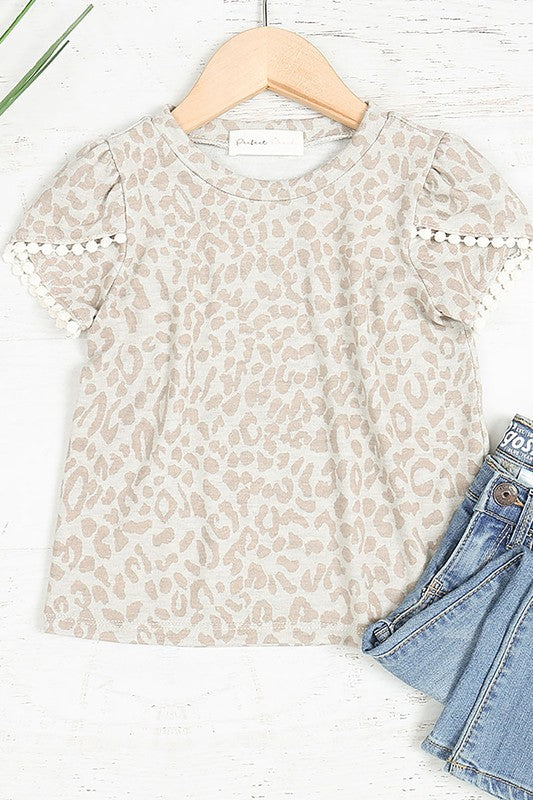 KIDS POMPOM DETAIL TULIP SLEEVE LEOPARD TOP