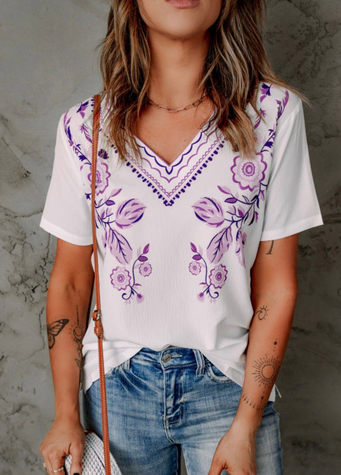 Purple Floral Short Sleeve Blouse