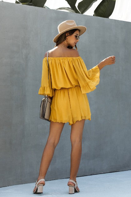 Off Shoulder Mesh Solid Romper