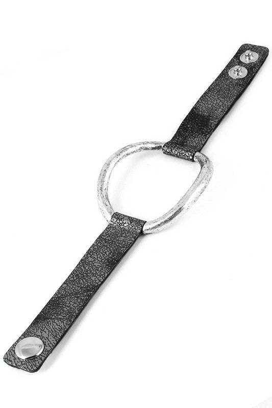 Metal oval faux leather bracelet