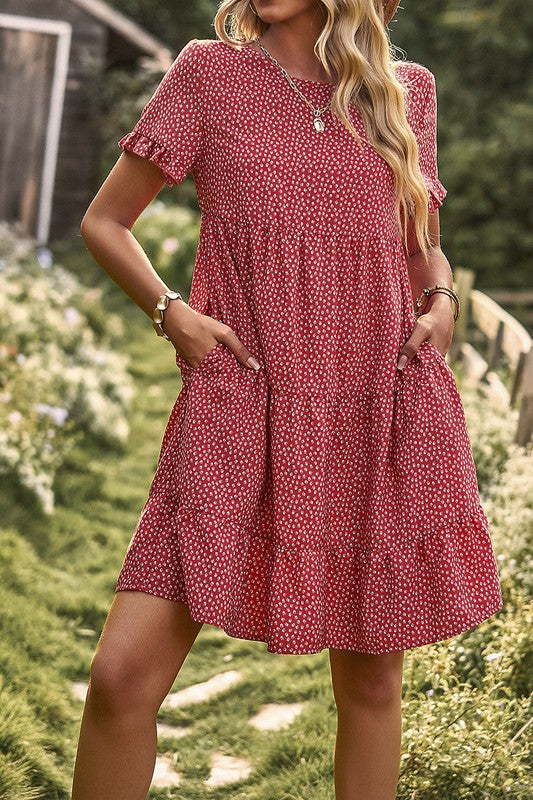 Floral Dot Ruffle Loss Fit Babydoll Dress