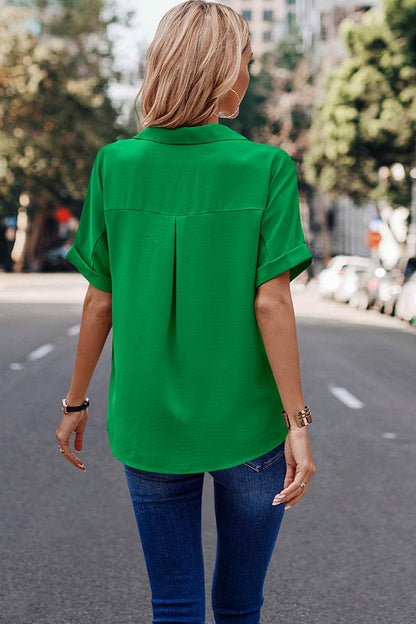 Button Front Open Pocket Solid Blouse