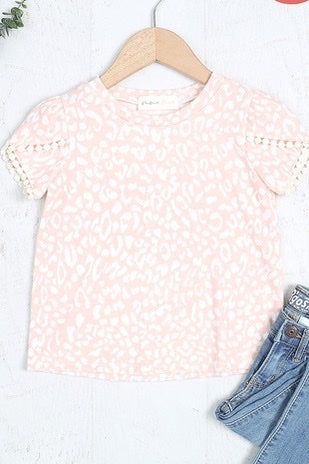 KIDS POMPOM DETAIL TULIP SLEEVE LEOPARD TOP