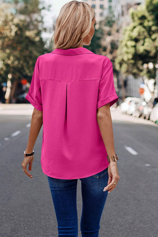 Button Front Open Pocket Solid Blouse Fuchsia
