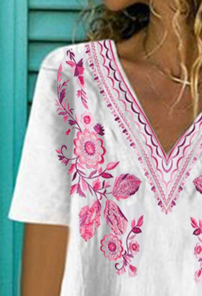 Pink Floral Printed Vneck Short Sleeve Blouse