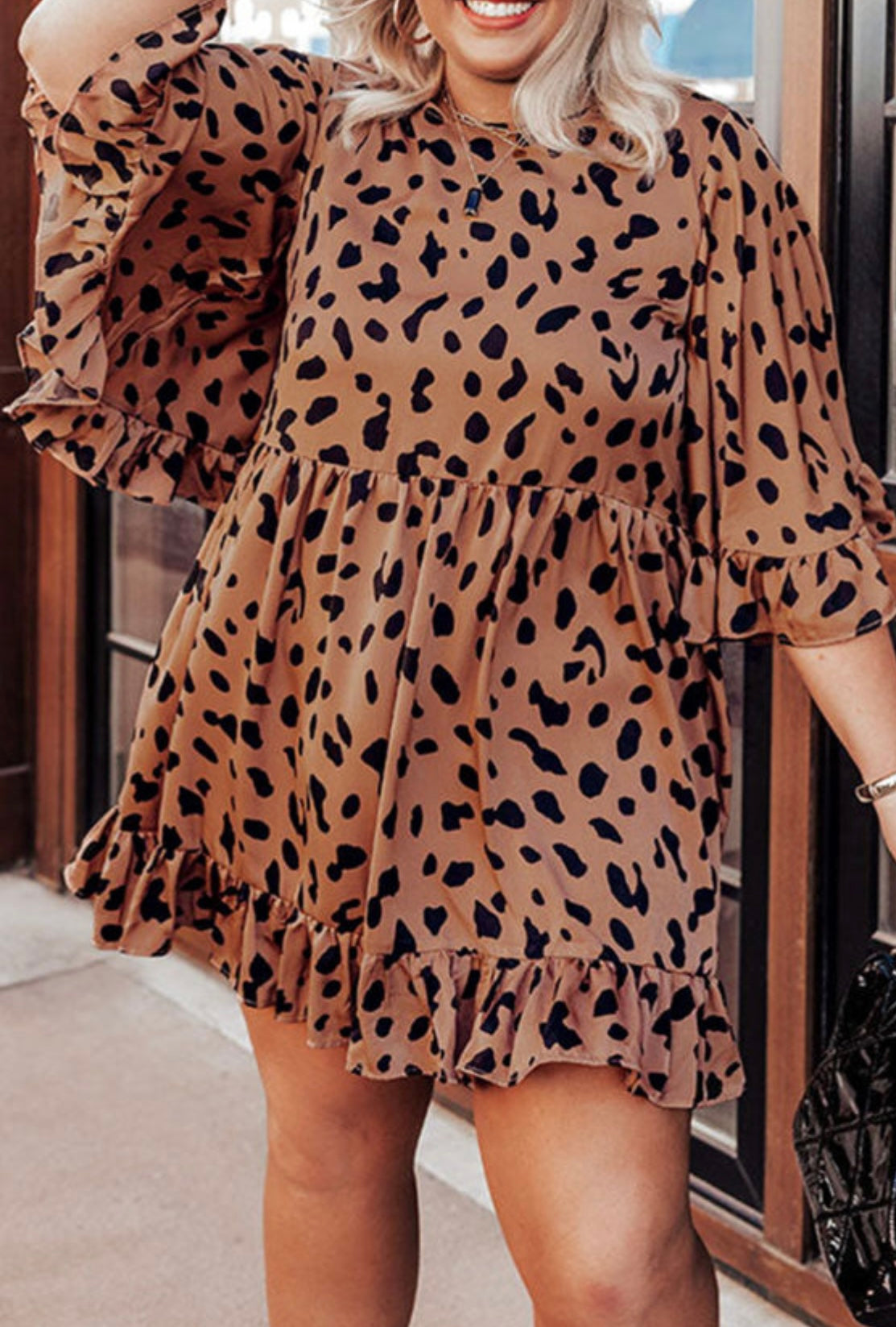 Plus Size Leopard Shift Dress W/ Ruffle