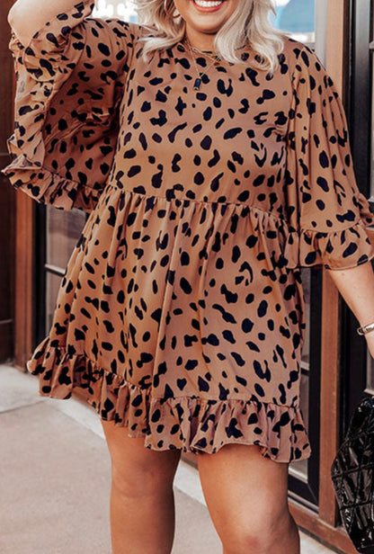 Plus Size Leopard Shift Dress W/ Ruffle