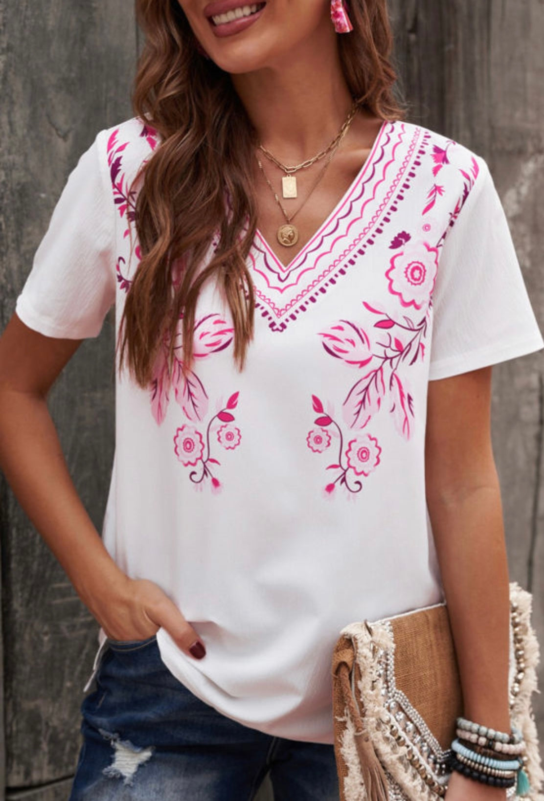 Pink Floral Printed Vneck Short Sleeve Blouse