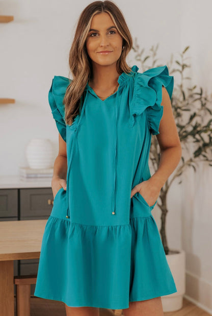 Green Tiered Ruffle Sleeves Dress with Pockets